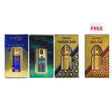 NON ALCOHOLIC MUKHALLAT BADAR,  MIDNIGHT, BLUE WAVE (PACK OF 3) FREE WHITE OUDH ATTAR