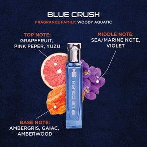 Blue Crush Eau De Parfum bottle with fragrance notes: grapefruit, pink pepper, sea notes, and amberwood.