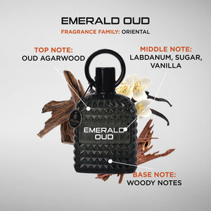 Emerald Oud perfume bottle showcasing top notes, middle notes, and base notes of this premium Oriental fragrance.