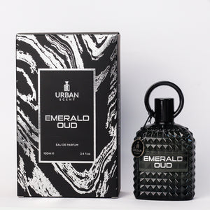 Urban Scent Emerald Oud perfume bottle and box, 100ml, woody and spicy fragrance for men.