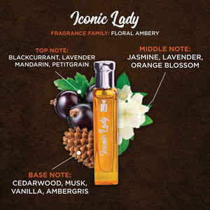 Iconic Lady Eau De Parfum fragrance notes description with floral ambery scent and a luxurious perfume bottle.