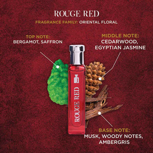 Rouge Red Eau De Parfum bottle with fragrance notes: bergamot, cedarwood, and musk on a textured background.