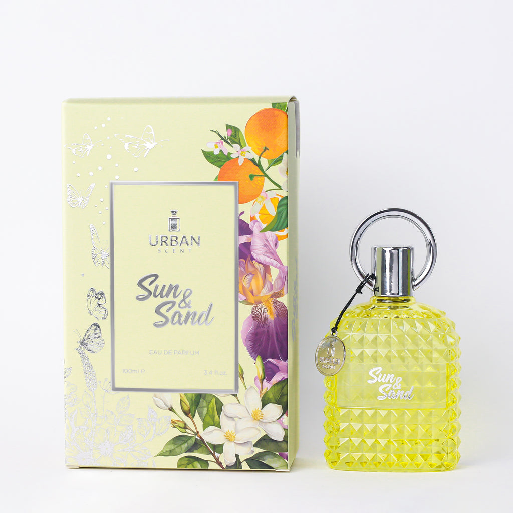 Urban Scent Sun And Sand Perfume for Women in a stylish bottle and box, evoking a sun-kissed paradise.
