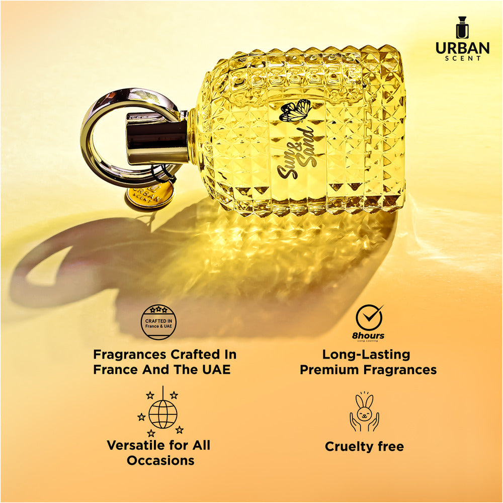 Sun And Sand Perfume bottle showcasing its elegant design, highlighting its long-lasting fragrance for women, crafted in France and UAE.