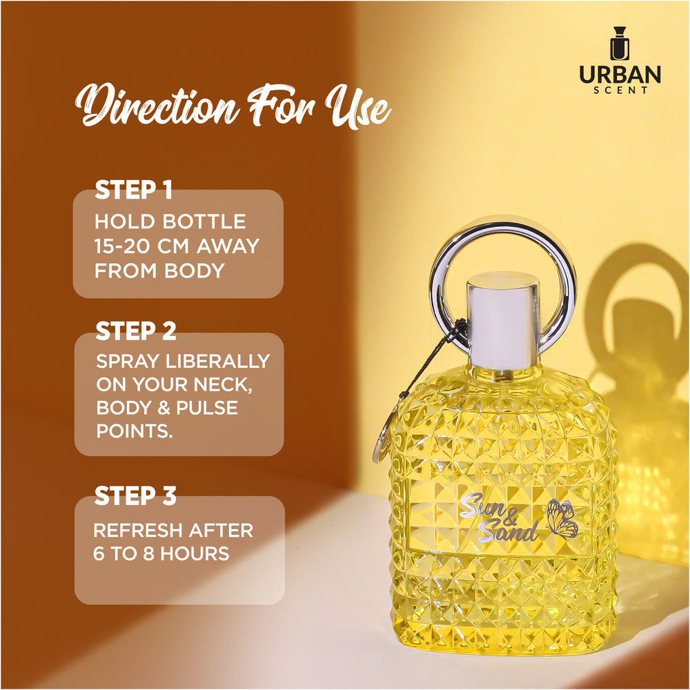 Directions for use of Sun And Sand Perfume by Urban Scent, featuring steps for application and refreshing.