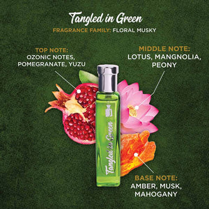 Tangled In Green Eau De Parfum 15ml with floral musky notes and vibrant ingredients like pomegranate and lotus.