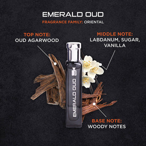 Emerald Oudh Eau De Parfum bottle with fragrance notes: top note is Oud Agarwood, middle notes are Labdanum, Sugar, Vanilla, base notes are Woody Notes.