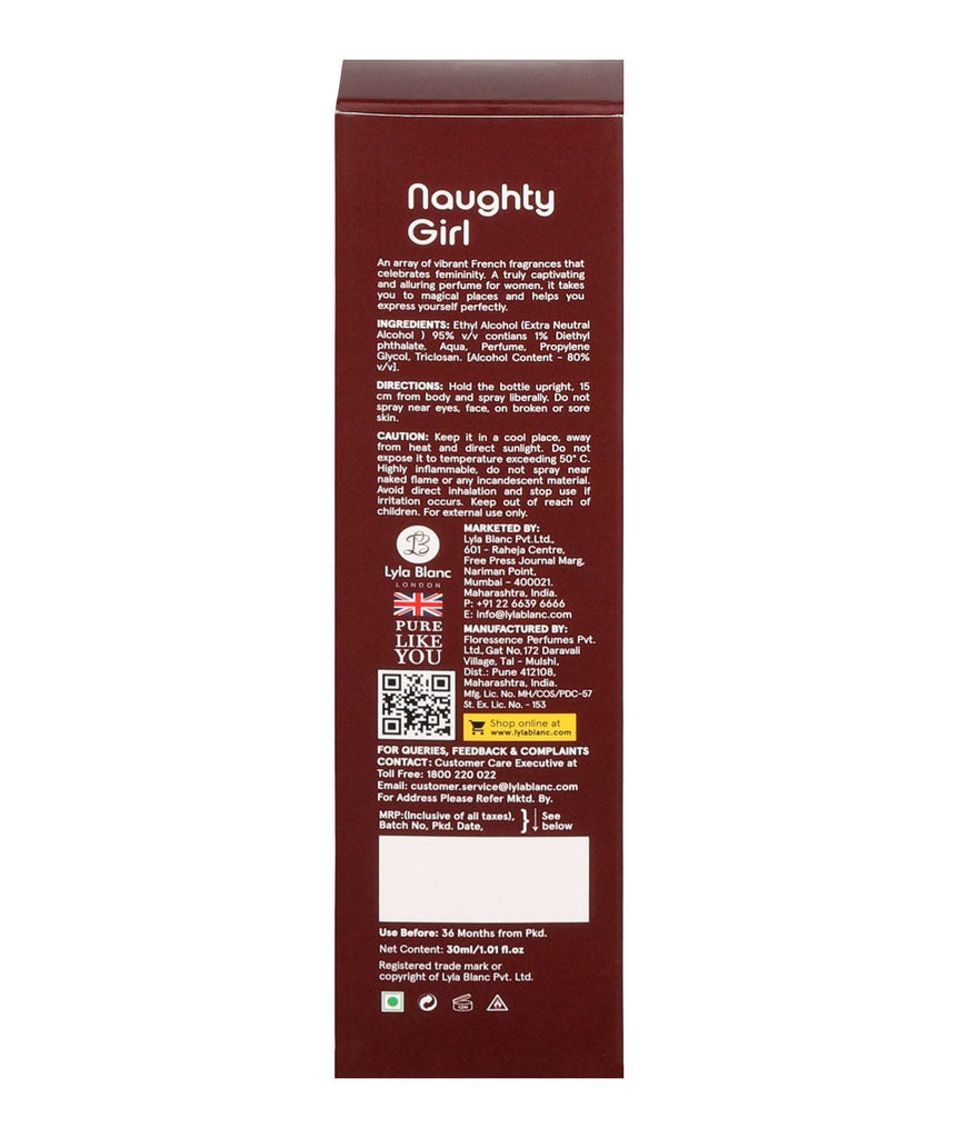 Naughty Girl Pour Me Red Eau De Parfum box back view with product information and instructions.