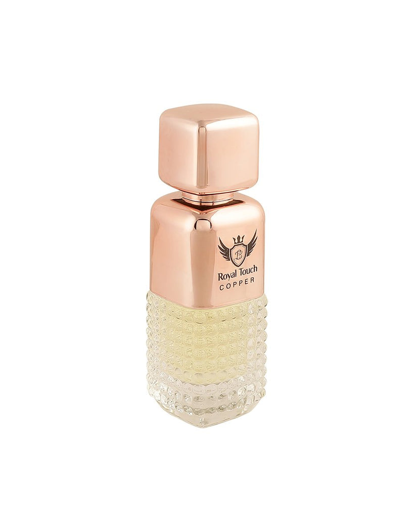 Royal Touch Copper Eau De Parfum 50ML bottle with elegant rose gold cap and textured design.