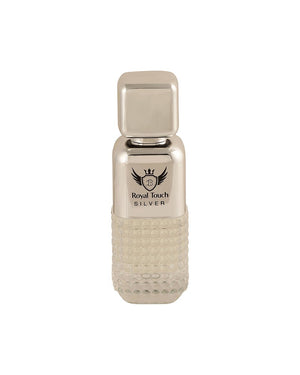Royal Touch Silver Eau De Parfum bottle for men and women, showcasing luxury fragrance from Lyla Blanc London.