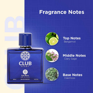 Lyla Blanc Club Blue Cedar Eau De Parfume fragrance notes including bergamot, clary sage, and oakmoss.