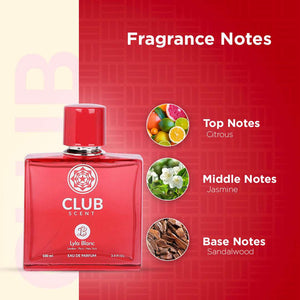 Lyla Blanc Club Red Musk Eau De Parfume fragrance notes with top notes of citrus, middle notes of jasmine, and base notes of sandalwood