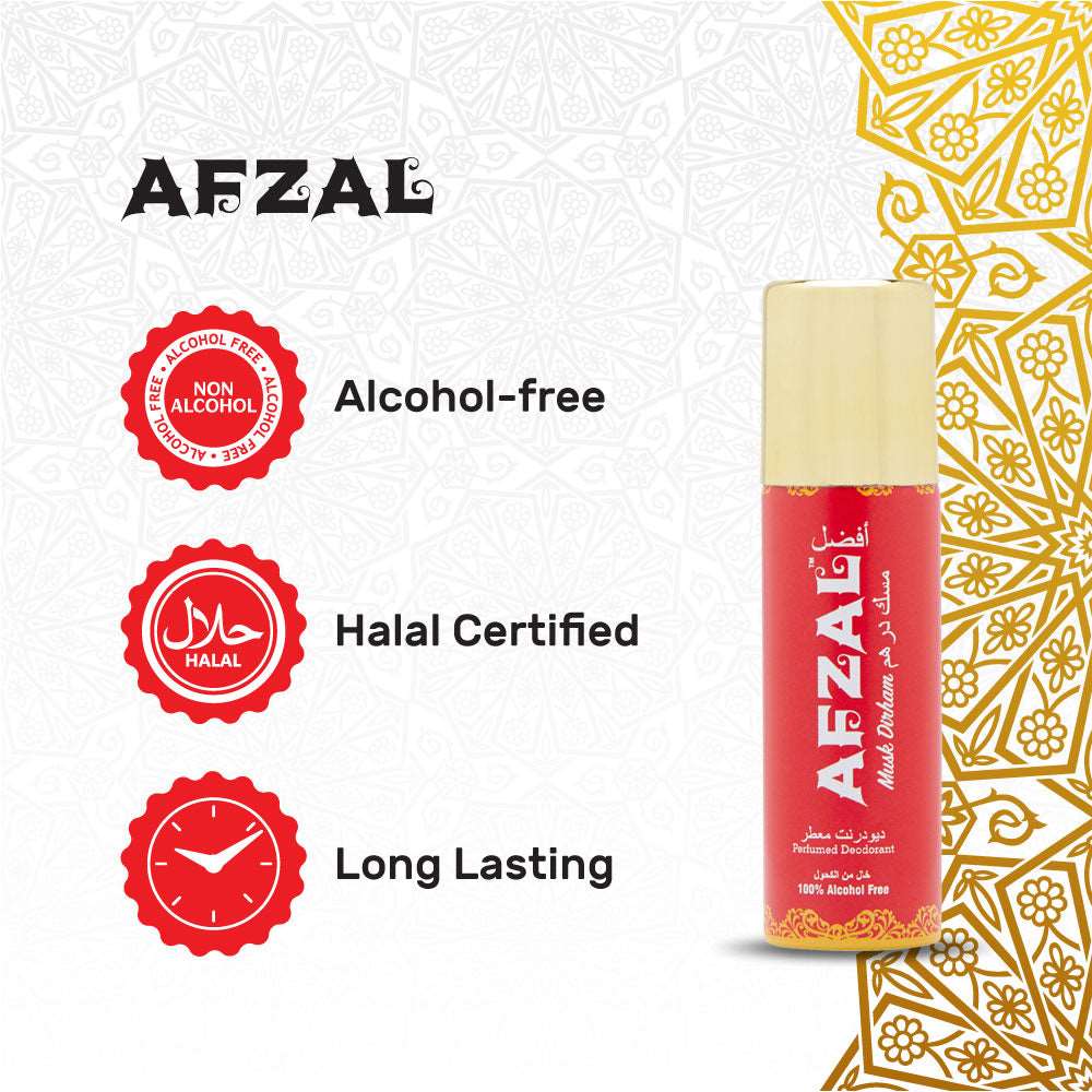 Afzal Non Alcoholic Musk Dirham Deodorant Body Spray for Men and Women, alcohol-free, halal certified, long lasting