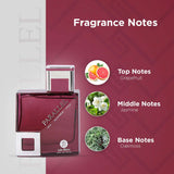 Lyla Blanc Amber Rush Eau De Parfum fragrance notes chart with top notes grapefruit, middle notes jasmine, and base notes oakmoss.