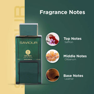 Saviour Saffron Leather Eau De Parfum fragrance notes including saffron, olibanum, and leather.