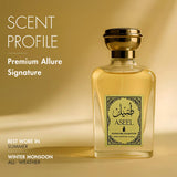 Aseel Premium Luxury Perfume bottle displaying the scent profile for men and women for all-weather use.