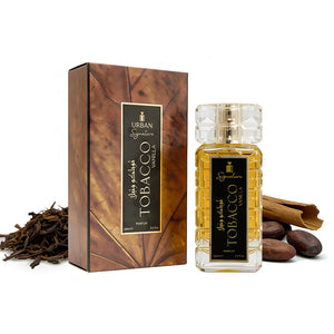 Tobacco Vanilla Eau De Parfum for men, 100ML bottle by Urban Scent, packaged with tobacco leaves.