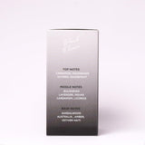 Black Elixir Eau De Parfum box showing top, middle, and base notes including cinnamon, lavender, and sandalwood.