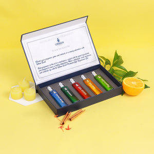 Urban Scent Assorted Luxury Perfume Gift Set For Men – 5 X 75 ML displayed in a stylish box with vibrant colors and fresh ingredients.