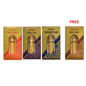 NON ALCOHOLIC MUSK DHIRAM, MUKHALLAT BADAR,GOLDEN DUST FREE WHITE OUDH ATTAR