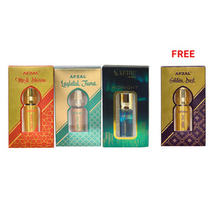 NON ALCOHOLIC MUSK DHIRAM, LAYLATUL JUMA, MIDNIGHT (PACK OF 3) FREE GOLDEN DUST ATTAR
