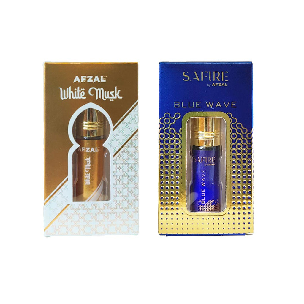 AFZAL-ATTAR WHITE MUSK & SAFIRE BLUE WAVE ATTAR (COMBO PACK 6ML*2) ROLL-ON PERFUME OIL FOR MEN AND WOMEN