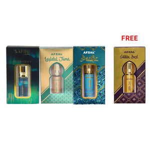Midnight Laylatul Juma Pacific Golden Dust Roll On Attar Combo set of 4 unisex perfumes in decorative boxes.