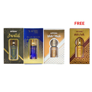Parallel Blue Wave White Musk White Oudh Roll On Attar Combo for Men and Women - 6ML (SET of 4) displayed in elegant packaging.