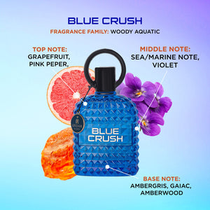 Blue Crush Perfume bottle with notes of grapefruit, pink pepper, and violet, representing a woody aquatic fragrance.