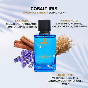 Urban Cobalt Iris Eau De Parfum for Men showcasing floral musky fragrance notes including cinnamon, lavender, and vetiver.