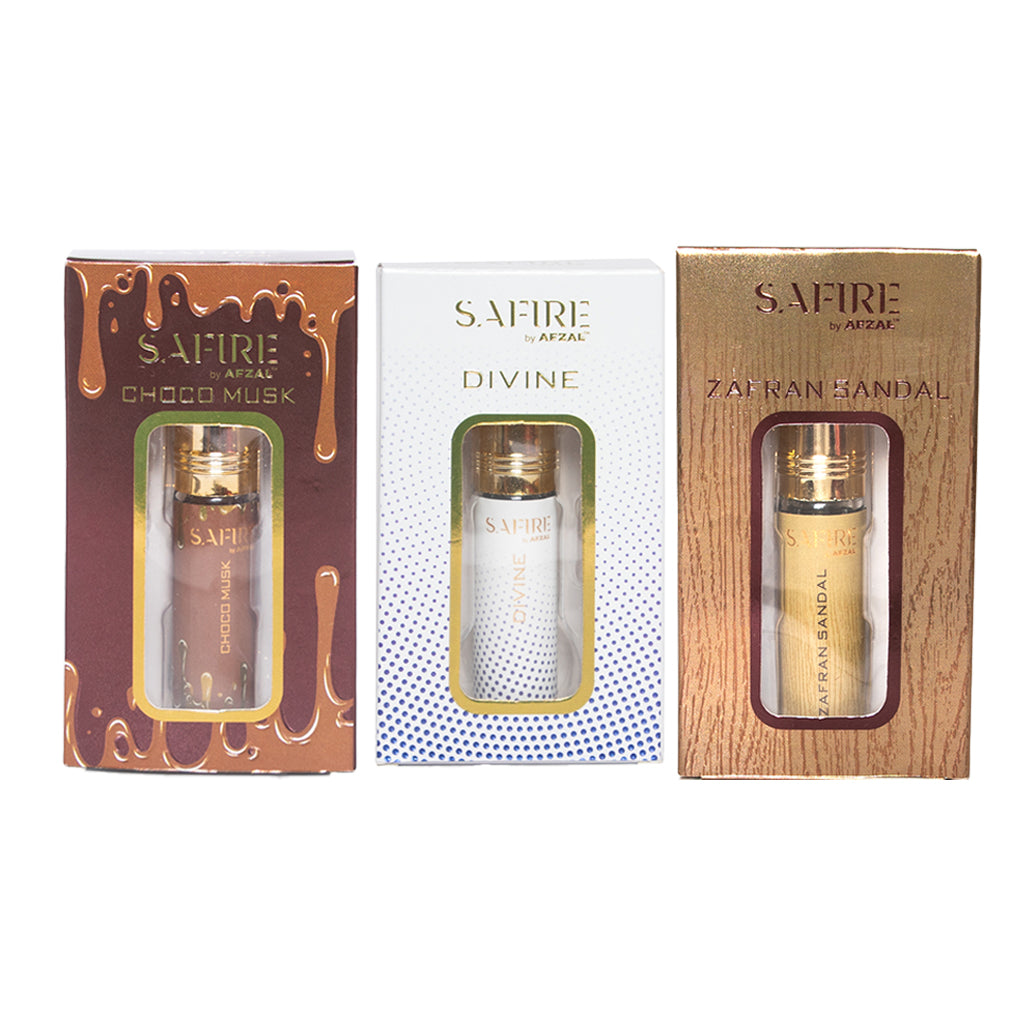 SAFIRE CHOCO MUSK, DIVINE & ZAFRAN SANDAL ATTAR (COMBO PACK 6ML*3) ROLL-ON ALCOHOL FREE PERFUME OIL FOR MEN AND WOMEN