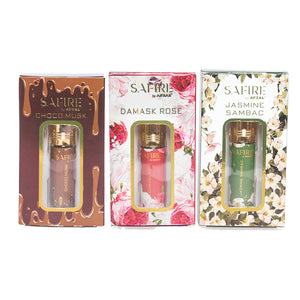 Choco Musk Damask Rose and Jasmine Sambac Roll On Attar Combo for Men and Women by Safire in 6ML packaging.
