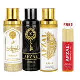 AFZAL Premium Non Alcoholic JAMEEL, KHULD & NAJAH Deodorant + 50ML GOLDEN DUST (PACK OF 3)