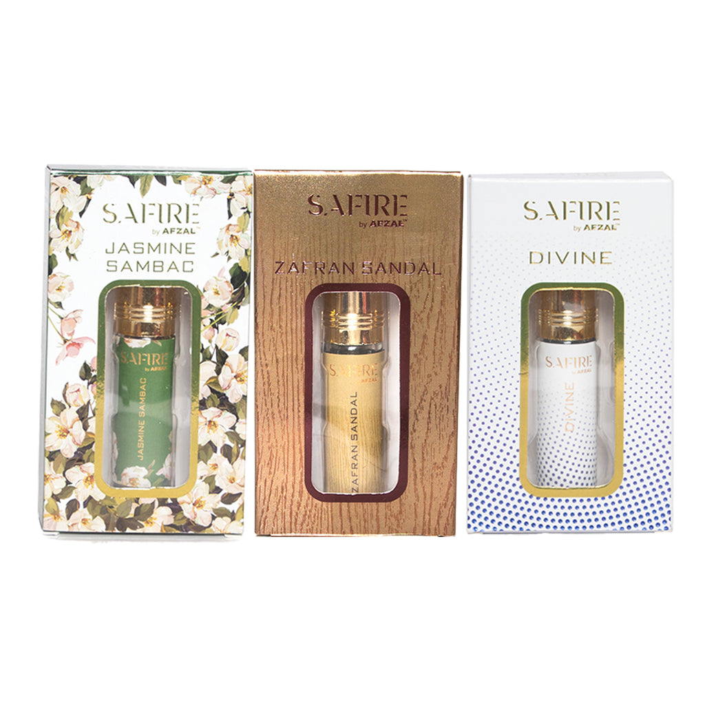 SAFIRE JASMINE SAMBAC, ZAFRAN SANDAL & DIVINE ATTAR (COMBO PACK 6ML*3) ROLL-ON ALCOHOL FREE PERFUME OIL FOR MEN AND WOMEN