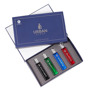 Luxury Perfume Gift Set For Men by Urban Scent, featuring 4 distinct 60ml fragrances in a stylish box.