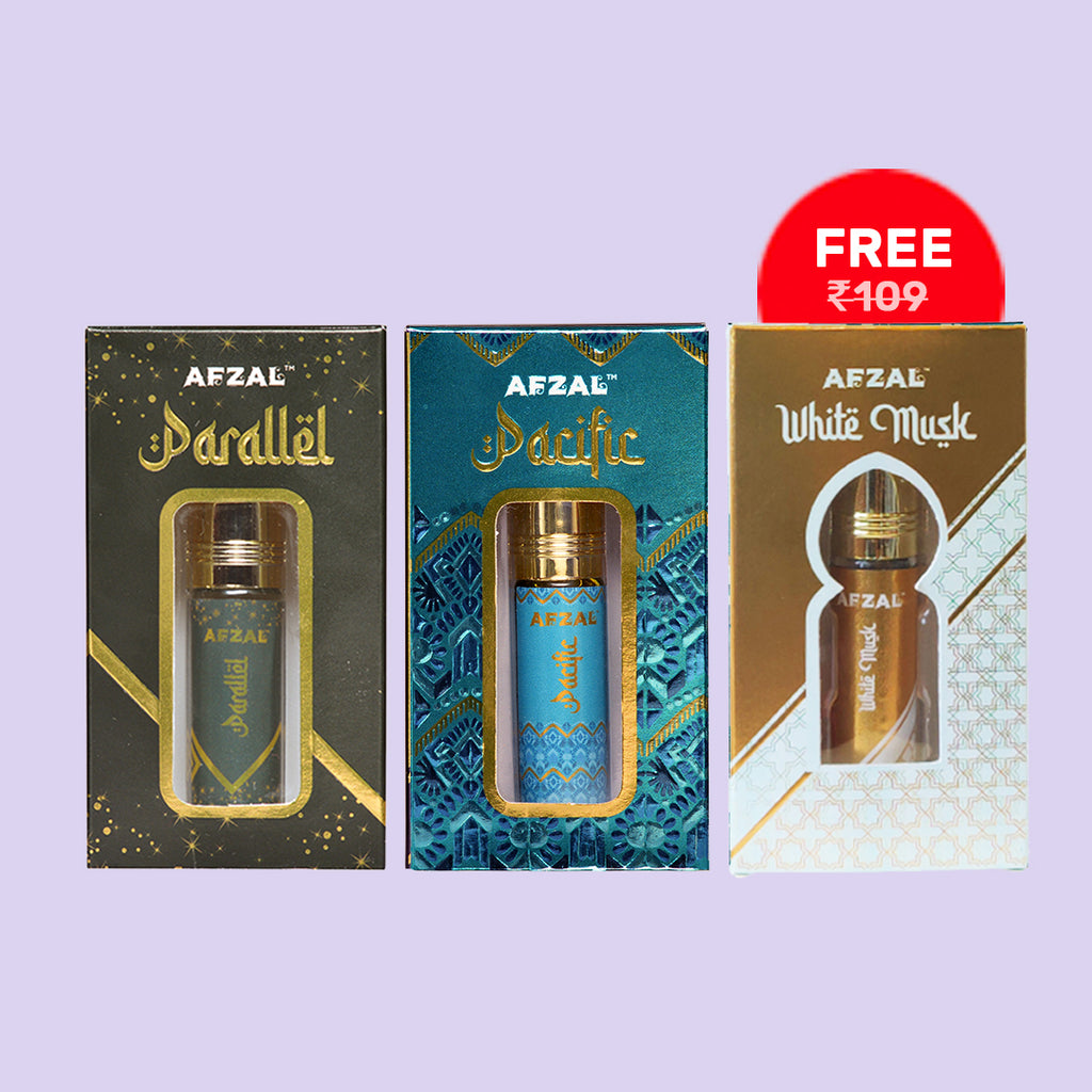 AFZAL PACIFIC & PARALLEL  ATTAR ROLL ON WITH FREE AFZAL WHITE MUSK - FESTIVE COMBO