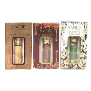 Safire Zafran Sandal Choco Musk and Jasmine Sambac Roll On Attar Combo set of 3 in elegant packaging