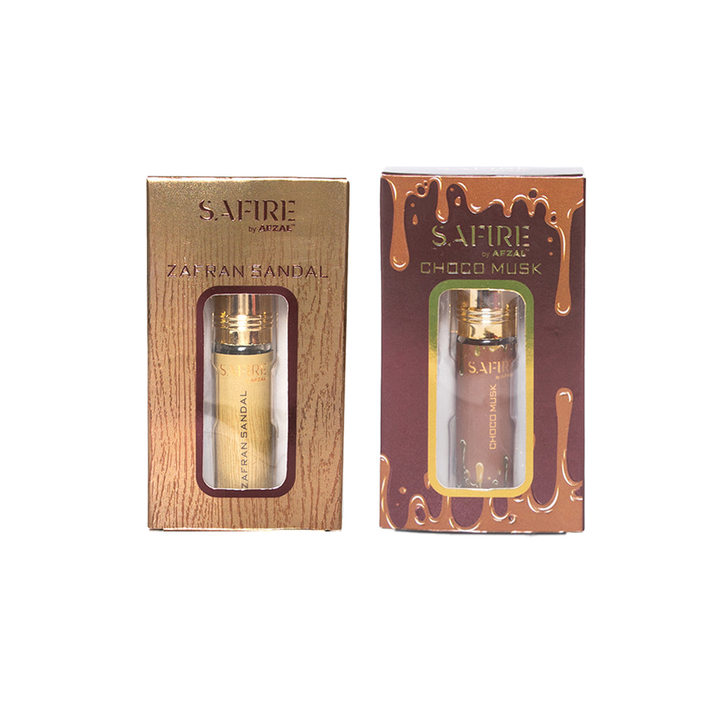 SAFIRE ZAFRAN SANDAL & CHOCO MUSK ATTAR (COMBO PACK 6ML*2) ROLL-ON ALCOHOL FREE PERFUME OIL FOR MEN AND WOMEN