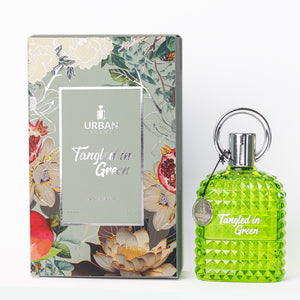 Tangled In Green Eau De Parfum bottle and packaging with vibrant green design for women.