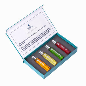 Luxury Perfume Gift Set For Women displayed in a stylish box with four vials of assorted scents.