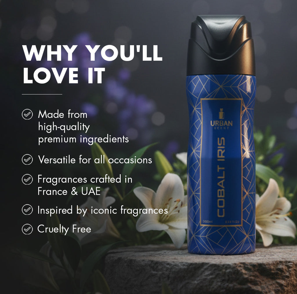 Urban Cobalt Iris Deodorant in a floral setting highlighting premium quality and versatility.