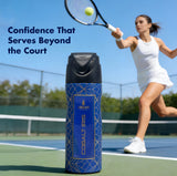 Cobalt Iris Deodorant bottle with tennis player, confidence that serves beyond the court.