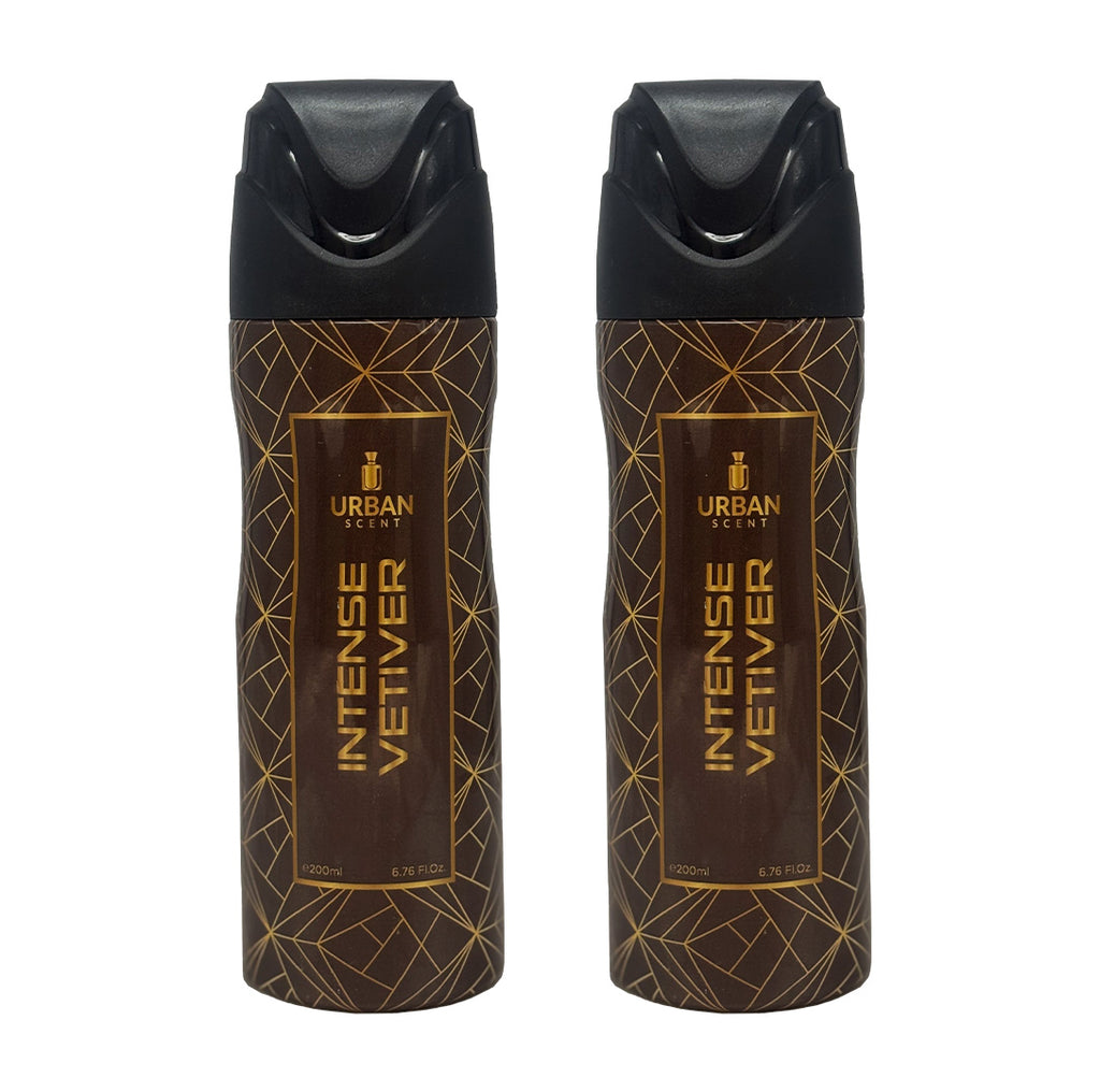 Urban Intense Vetiver Deodorant bottles, fresh spicy fragrance, 200ml unisex, perfect for all-day freshness.