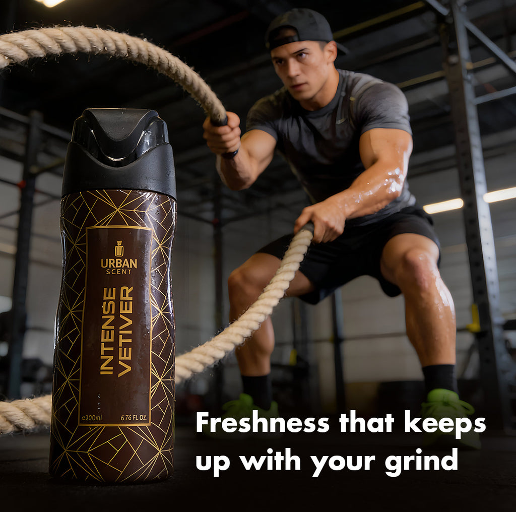 Urban Intense Vetiver Deodorant displayed with workout scene, promoting freshness for any occasion. Vetiver Deodorant.