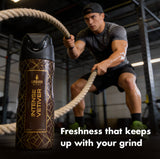 Urban Intense Vetiver Deodorant displayed with workout scene, promoting freshness for any occasion. Vetiver Deodorant.