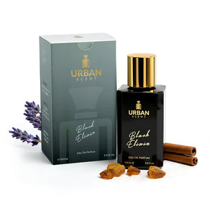 Black Elixir Eau De Parfum 100ml bottle with packaging, featuring a blend of spices and woods.
