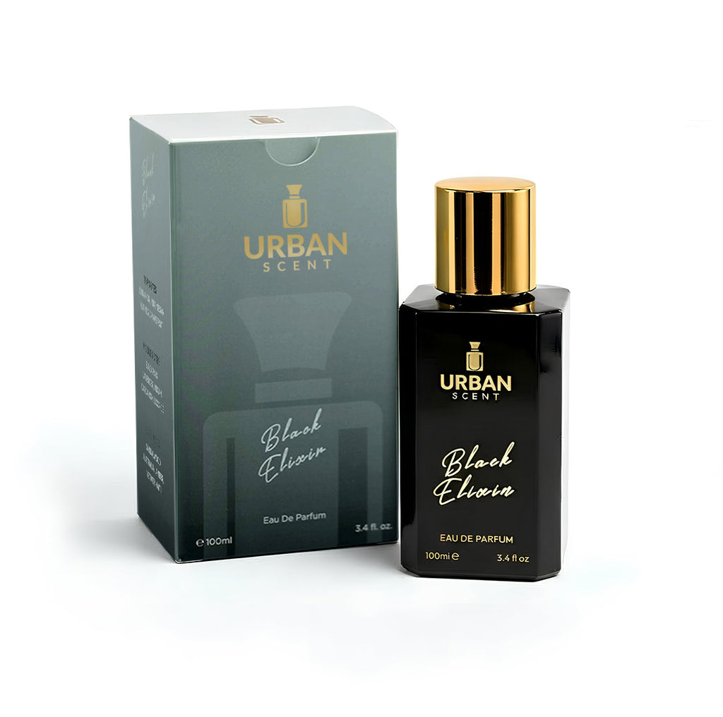 Black Elixir Eau De Parfum 100ml bottle and packaging from Urban Scent, a sophisticated unisex fragrance.