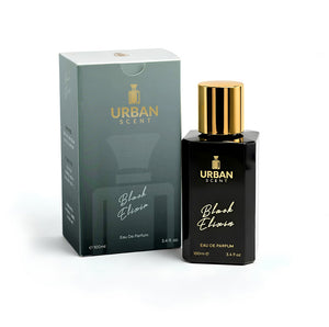 Black Elixir Eau De Parfum 100ml bottle and packaging from Urban Scent, a sophisticated unisex fragrance.
