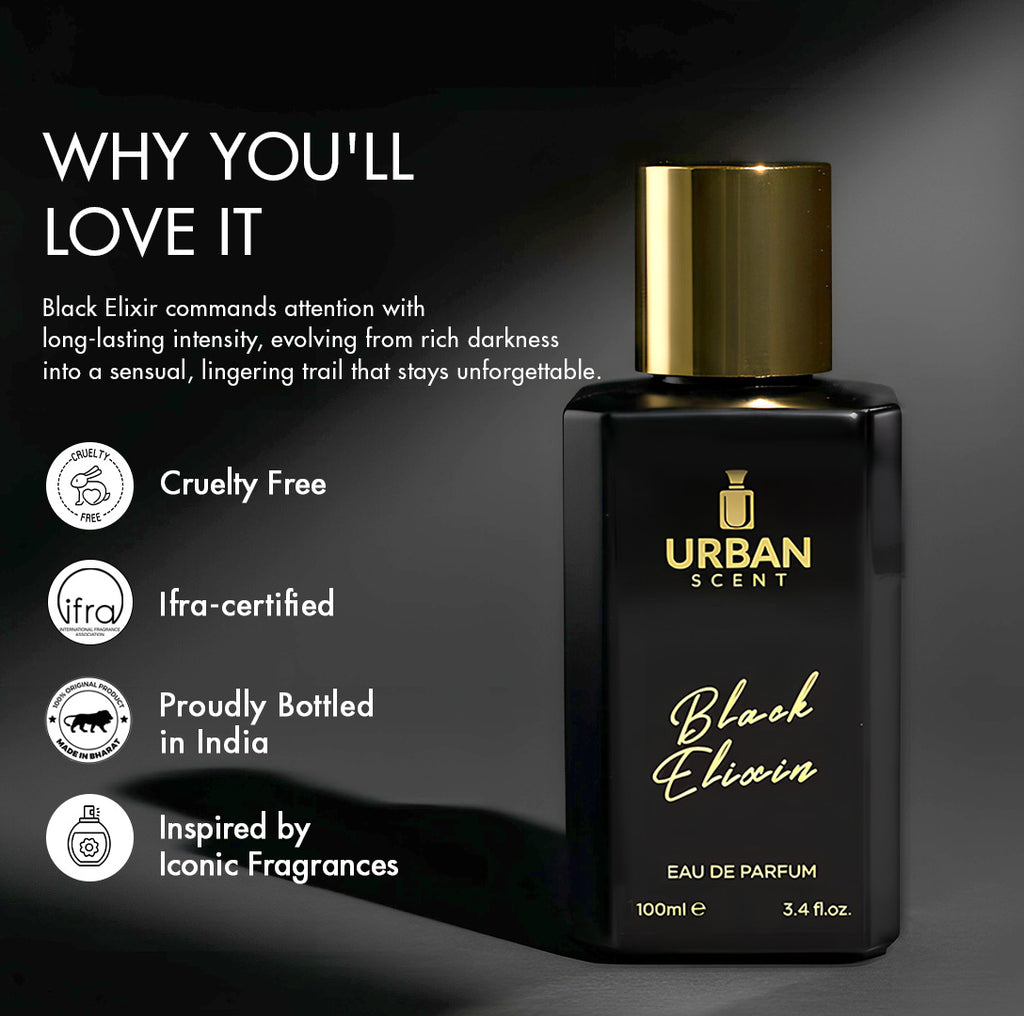 Black Elixir Eau De Parfum bottle showcasing its elegant design and key features on a sleek background.