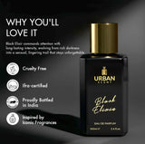 Black Elixir Eau De Parfum bottle showcasing its elegant design and key features on a sleek background.